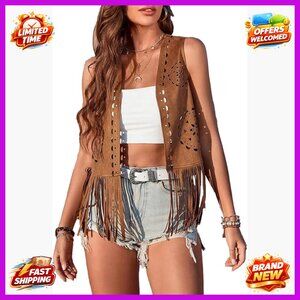 Suede Fringe Vest Sleeveless Open Front Western Jacket Women's Outerwear